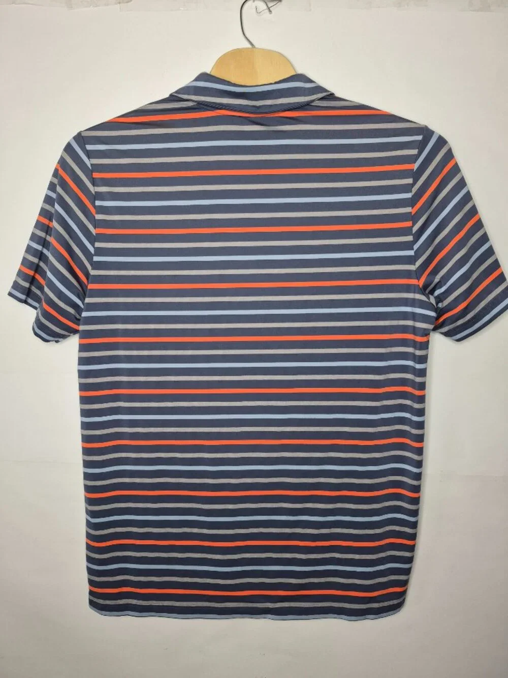 Adidas Mens XL Short Sleeve Stretchy Striped Logo Polo Shirt Blue Gray Orange
